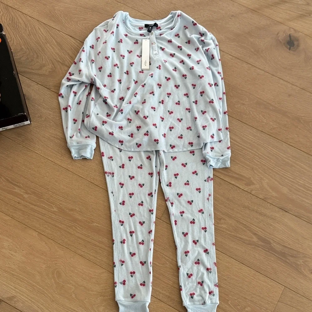 NWT Aqua Light Blue Cherry Print Kids Pajama Set